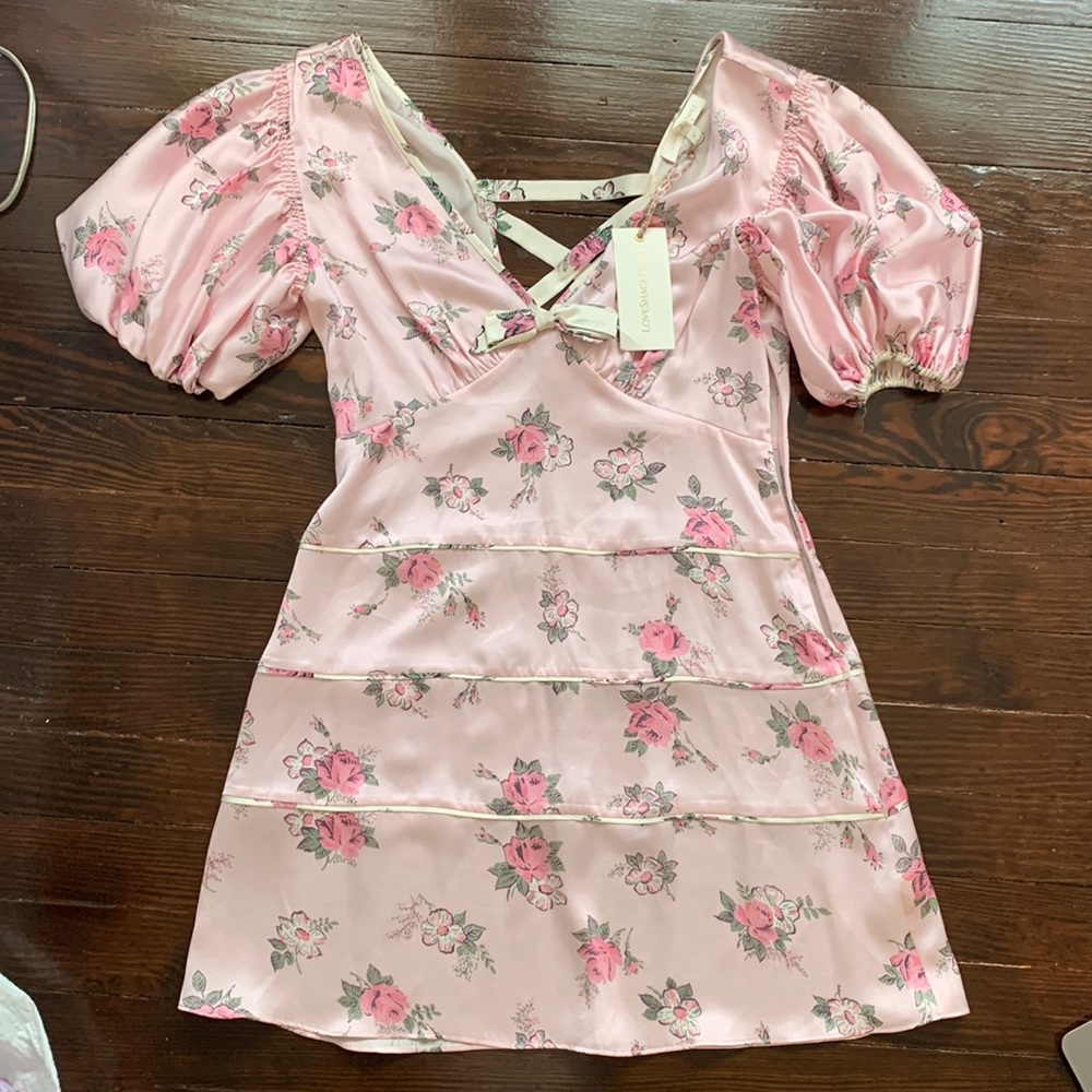 New designer dress. Pink silk with rose pattern and bow details.